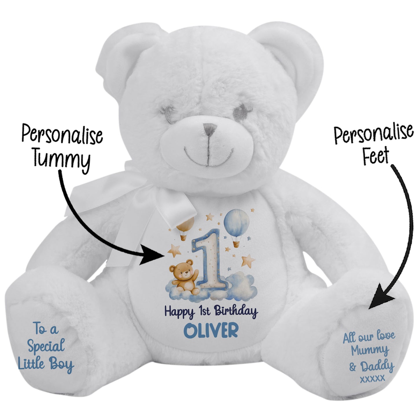 1st Birthday Bear Blue Balloons & Clouds Personalised Teddy Bear