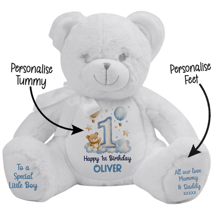 1st Birthday Bear Blue Balloons & Clouds Personalised Teddy Bear