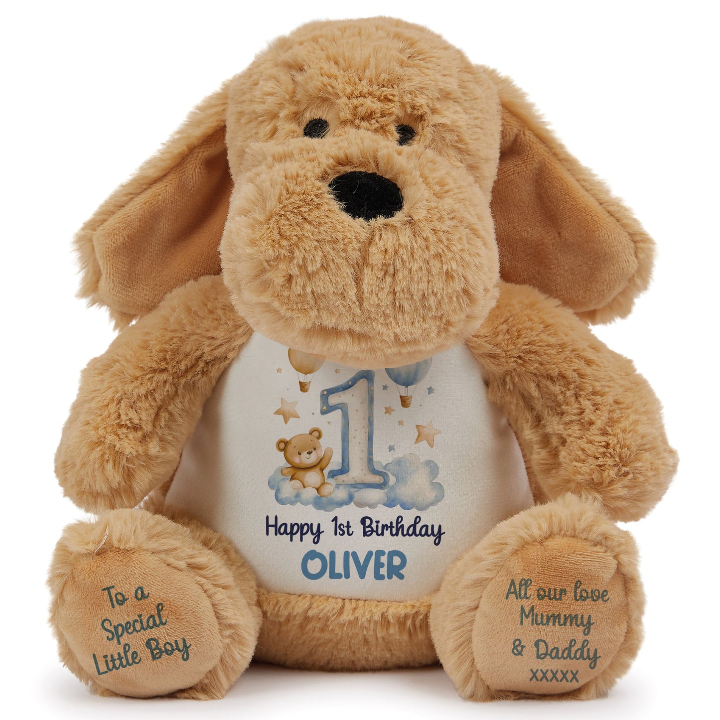 1st Birthday Bear Blue Balloons & Clouds Personalised Teddy Bear