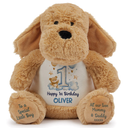 1st Birthday Bear Blue Balloons & Clouds Personalised Teddy Bear