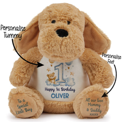 1st Birthday Bear Blue Balloons & Clouds Personalised Teddy Bear