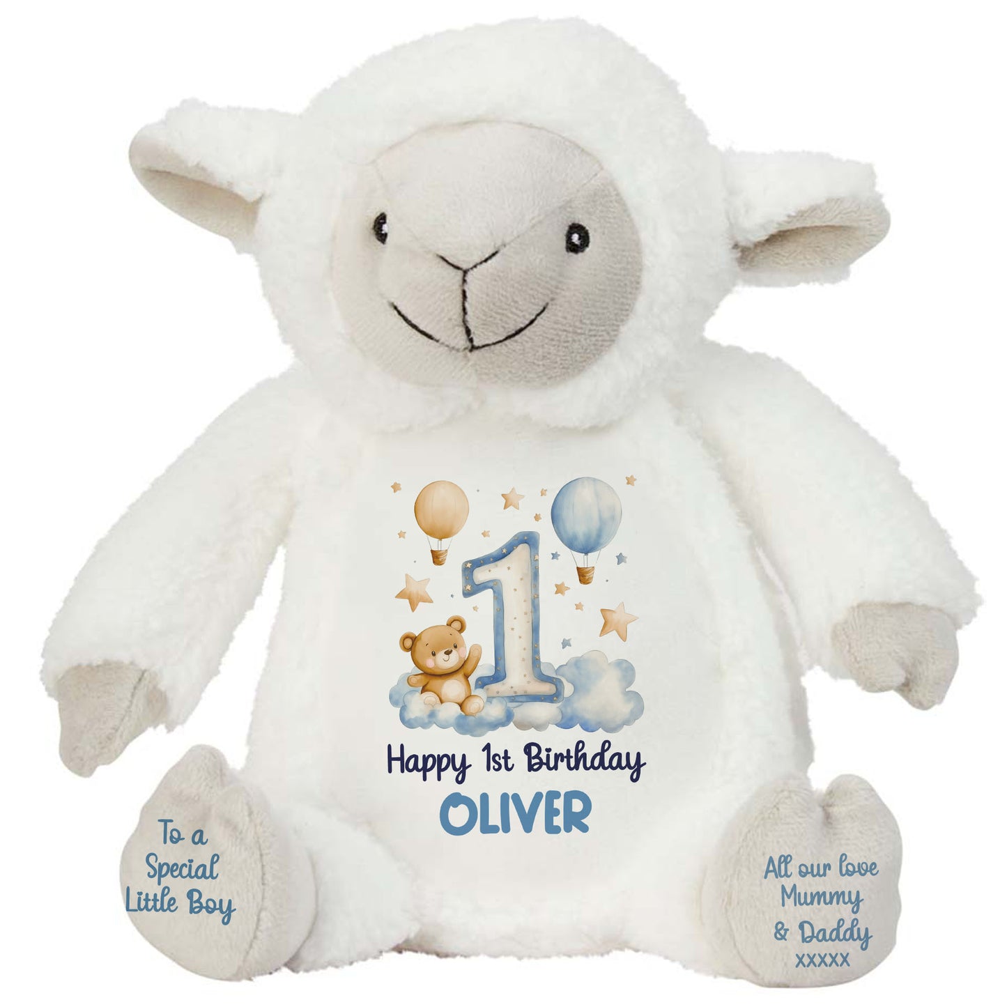 1st Birthday Bear Blue Balloons & Clouds Personalised Teddy Bear