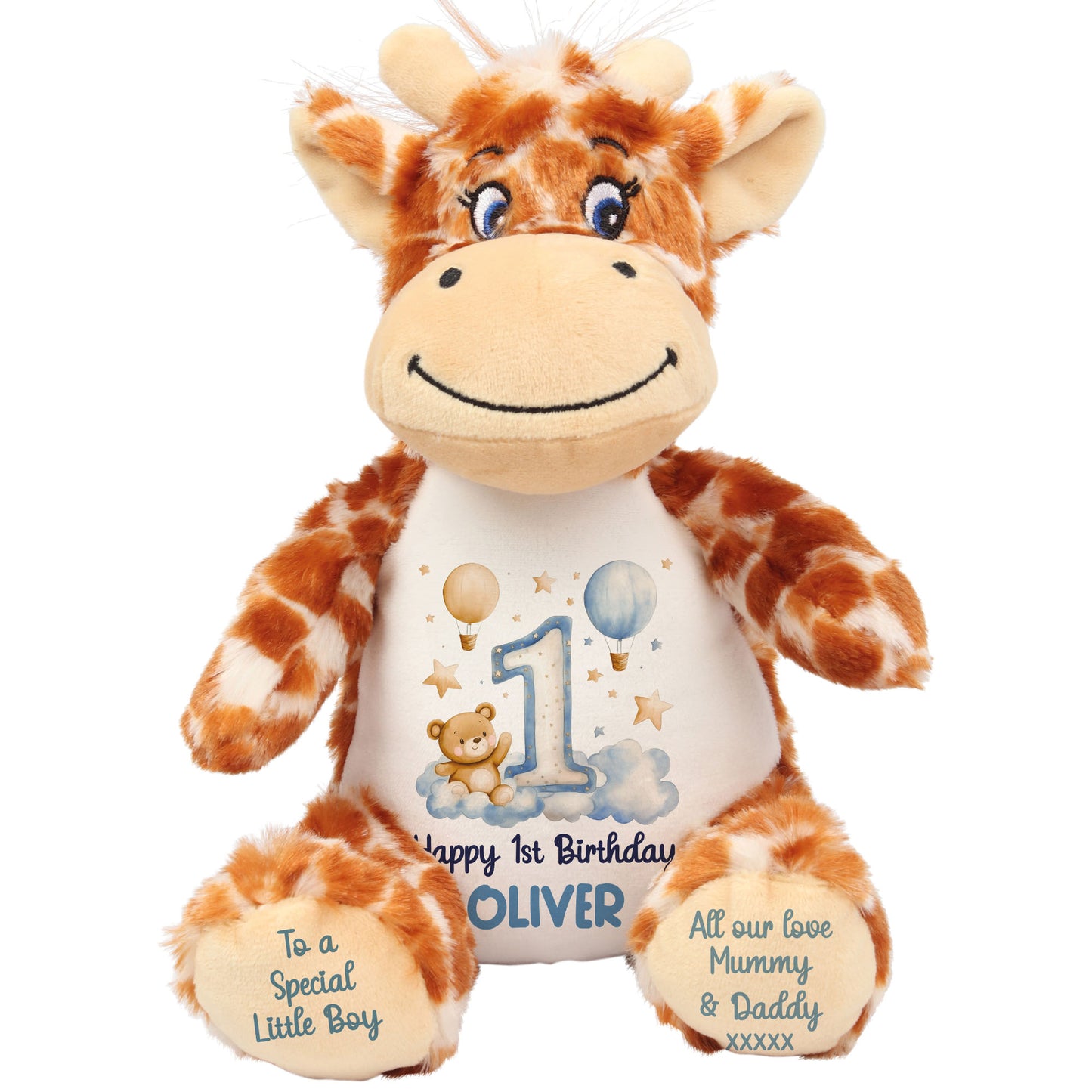 1st Birthday Bear Blue Balloons & Clouds Personalised Teddy Bear