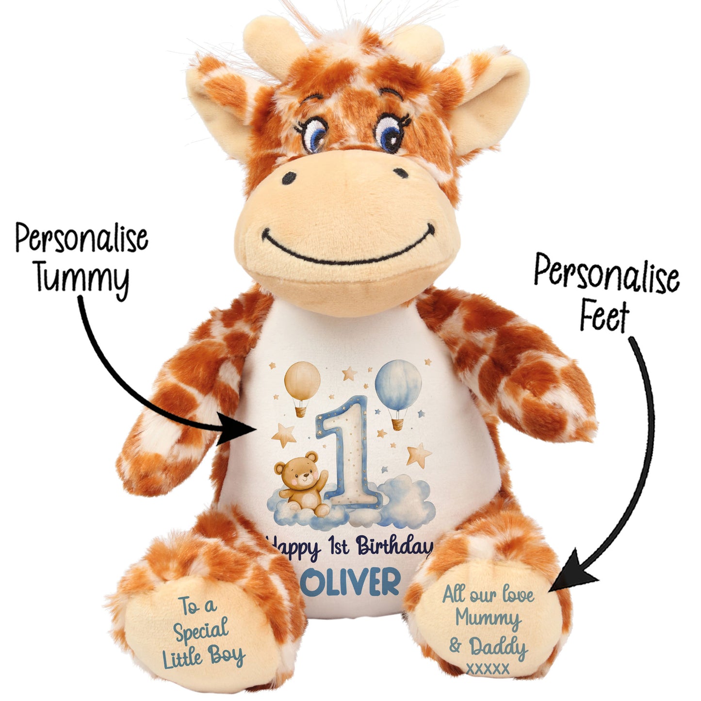 1st Birthday Bear Blue Balloons & Clouds Personalised Teddy Bear