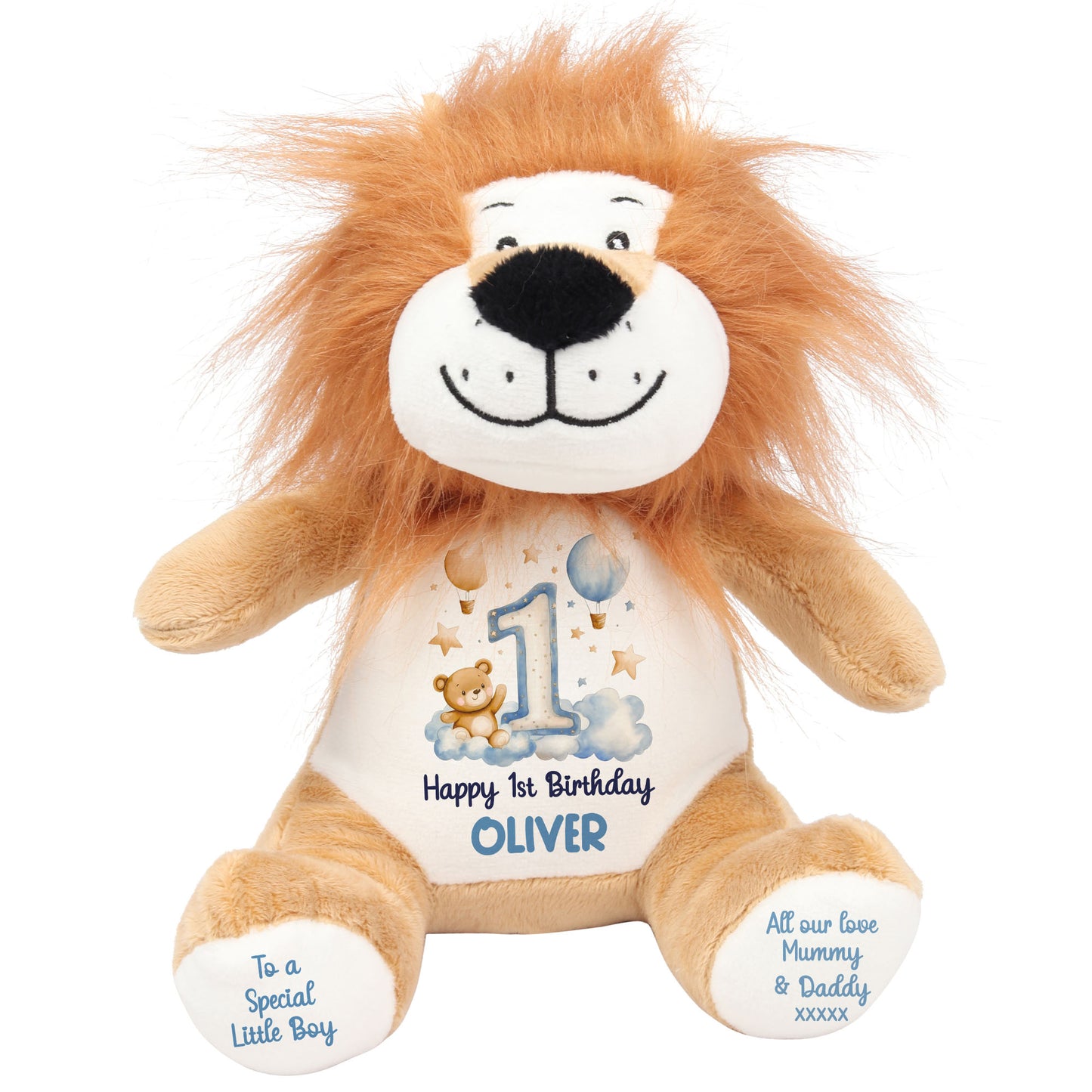 1st Birthday Bear Blue Balloons & Clouds Personalised Teddy Bear