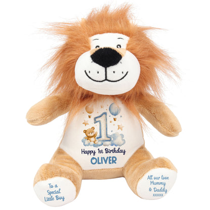 1st Birthday Bear Blue Balloons & Clouds Personalised Teddy Bear