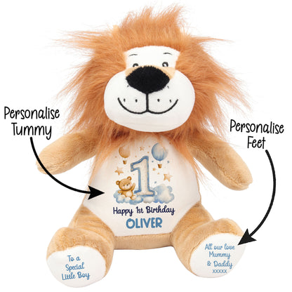 1st Birthday Bear Blue Balloons & Clouds Personalised Teddy Bear