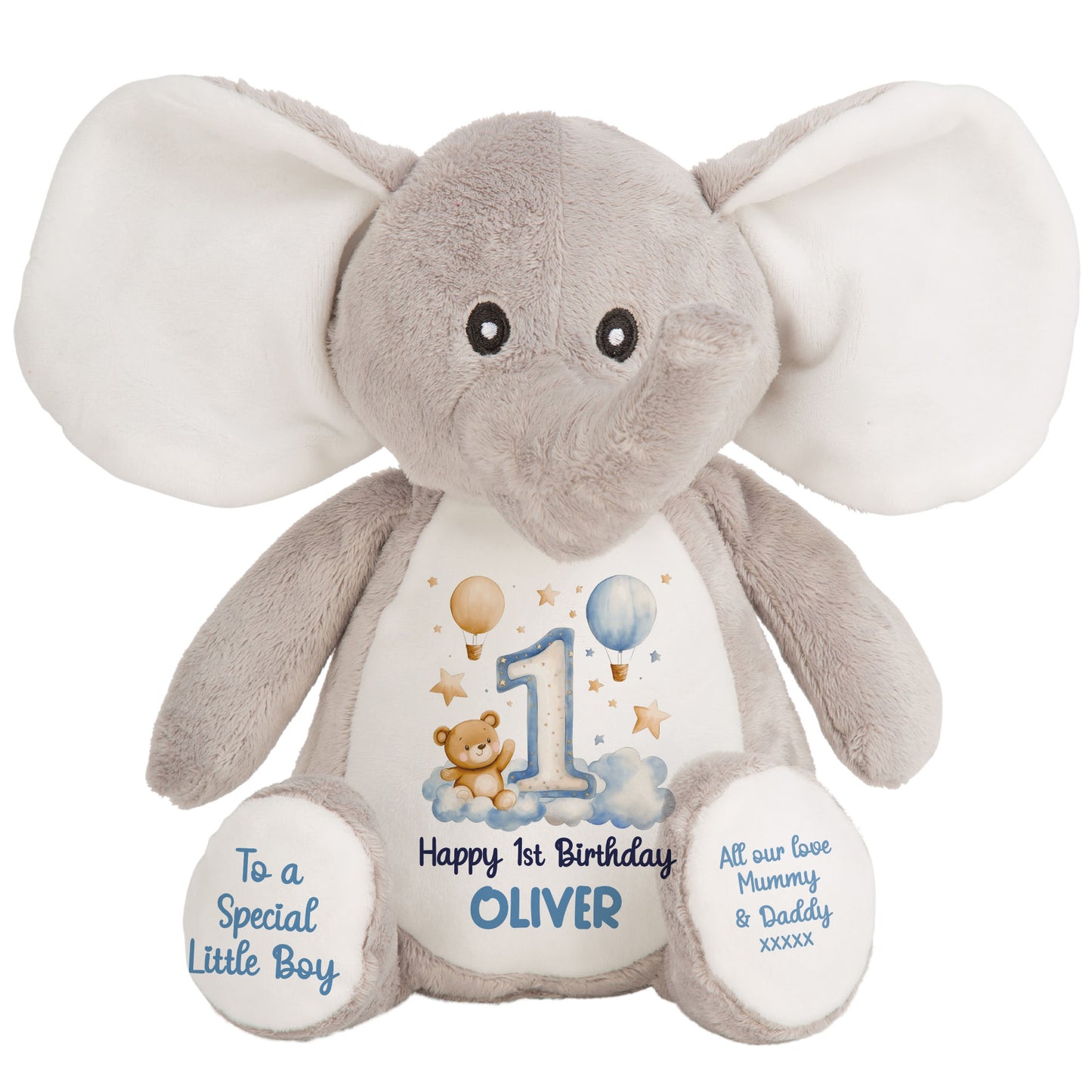 1st Birthday Bear Blue Balloons & Clouds Personalised Teddy Bear