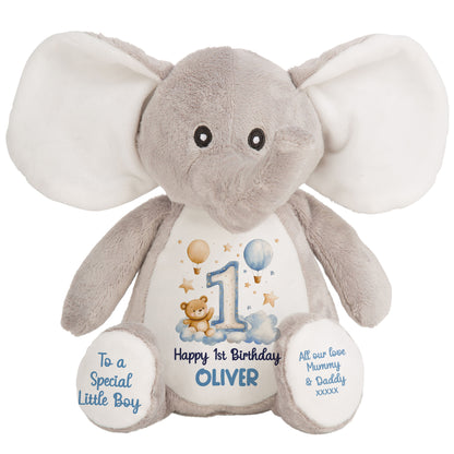 1st Birthday Bear Blue Balloons & Clouds Personalised Teddy Bear
