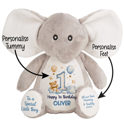 1st Birthday Bear Blue Balloons & Clouds Personalised Teddy Bear