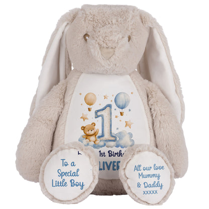 1st Birthday Bear Blue Balloons & Clouds Personalised Teddy Bear