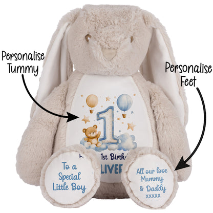 1st Birthday Bear Blue Balloons & Clouds Personalised Teddy Bear