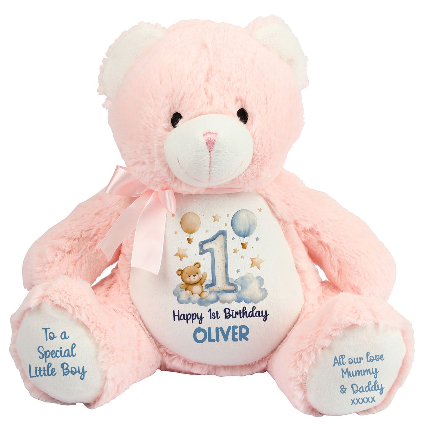 1st Birthday Bear Blue Balloons & Clouds Personalised Teddy Bear