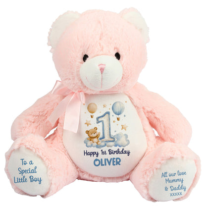 1st Birthday Bear Blue Balloons & Clouds Personalised Teddy Bear