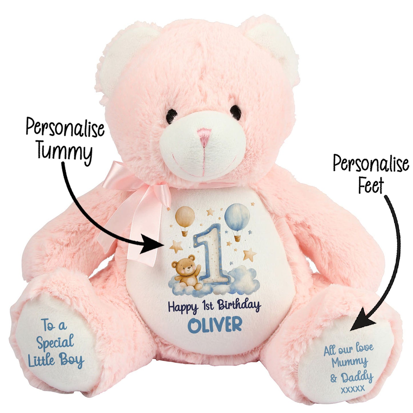 1st Birthday Bear Blue Balloons & Clouds Personalised Teddy Bear