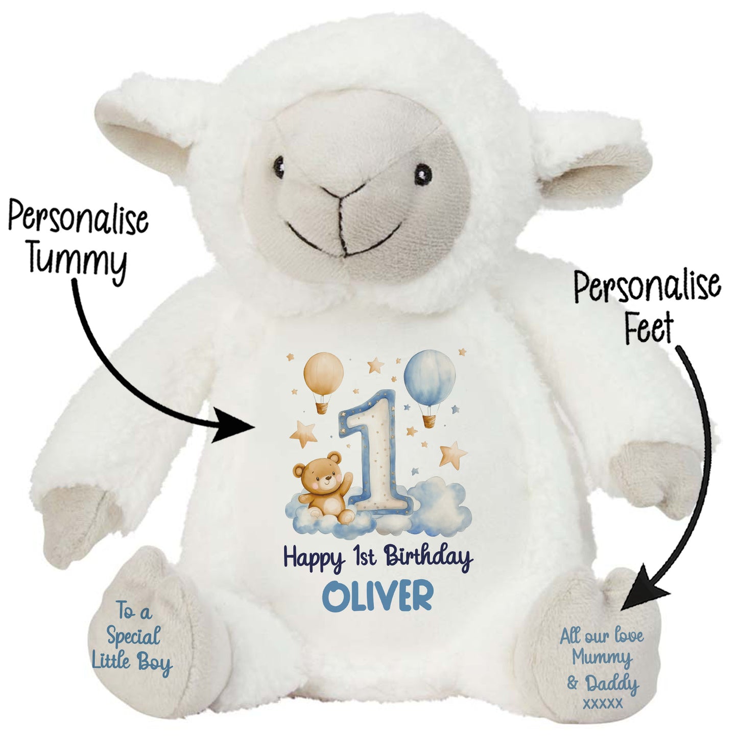 1st Birthday Bear Blue Balloons & Clouds Personalised Teddy Bear