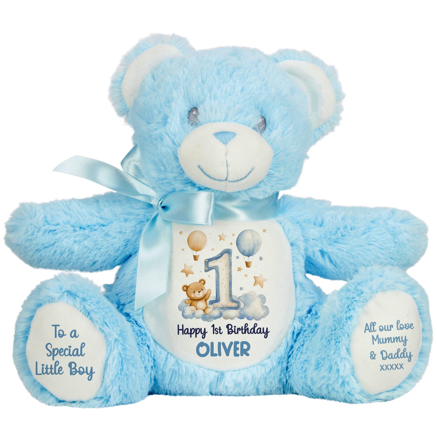 1st Birthday Bear Blue Balloons & Clouds Personalised Teddy Bear