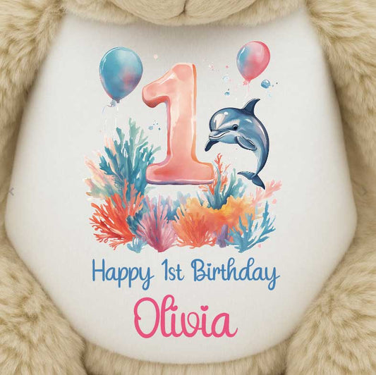 1st Birthday Coral Dolphin Party Personalised Teddy Bear