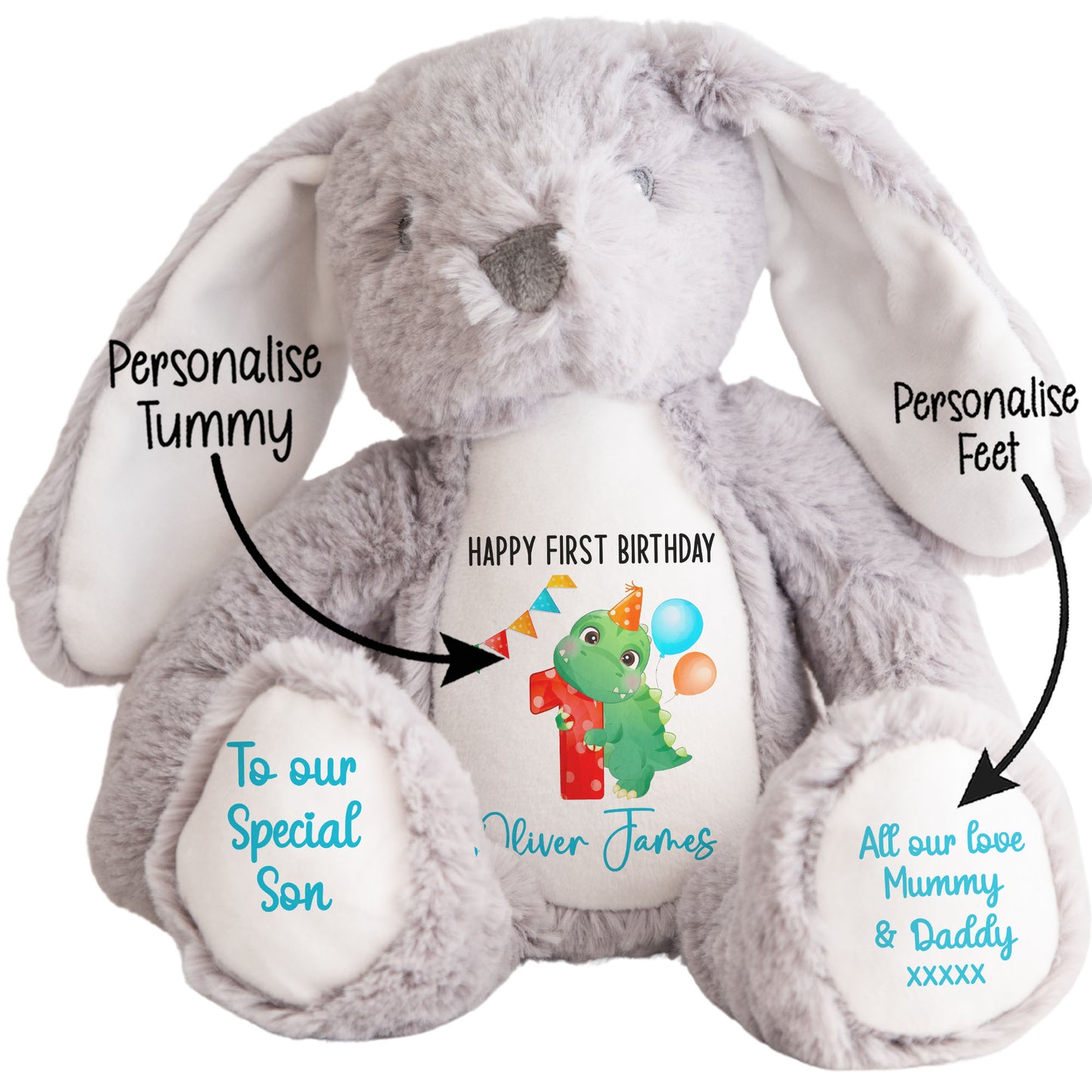 1st birthday dino party personalised teddy bears Grey Bunny STOCK-BUNNY-GREY