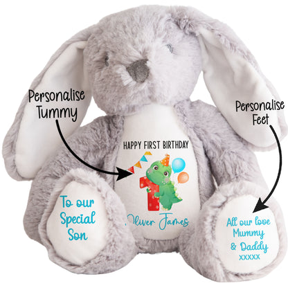 1st birthday dino party personalised teddy bears Grey Bunny STOCK-BUNNY-GREY