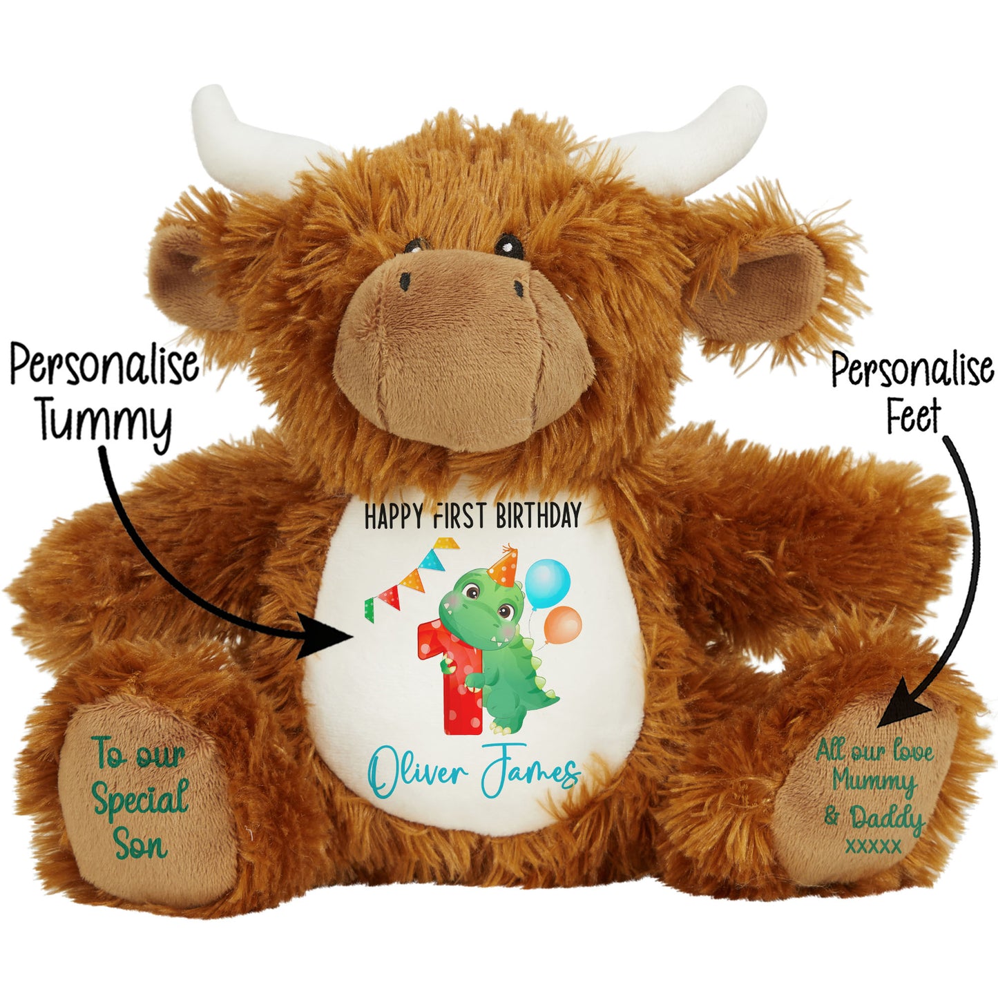 1st birthday dino party personalised teddy bears Highland Cow STOCK-HIGHLAND-COW