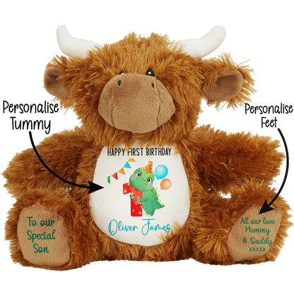 1st birthday dino party personalised teddy bears Highland Cow STOCK-HIGHLAND-COW