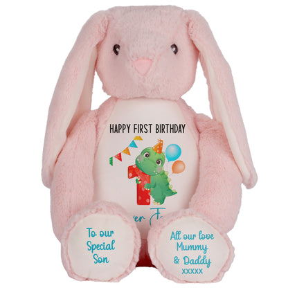 1st birthday dino party personalised teddy bears Pink Bunny