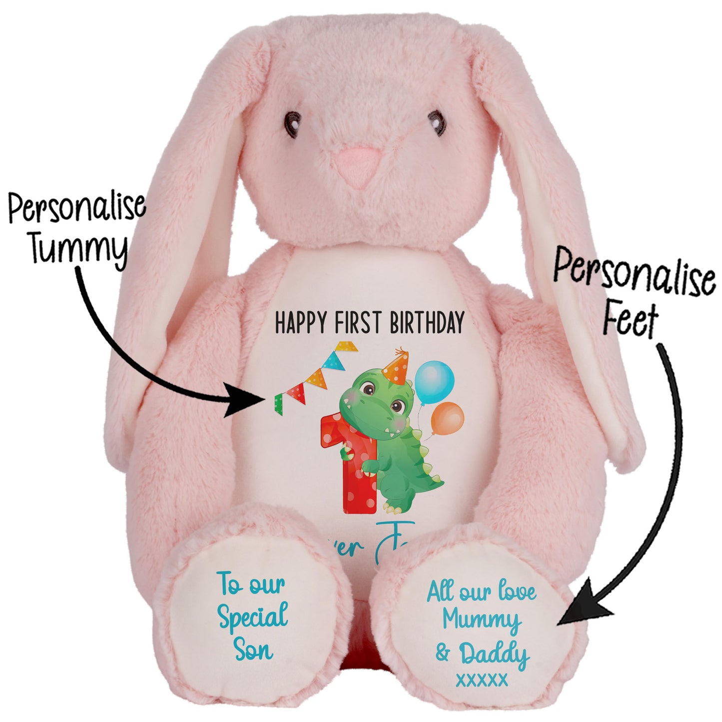 1st birthday dino party personalised teddy bears Pink Bunny STOCK-BUNNY-PINK
