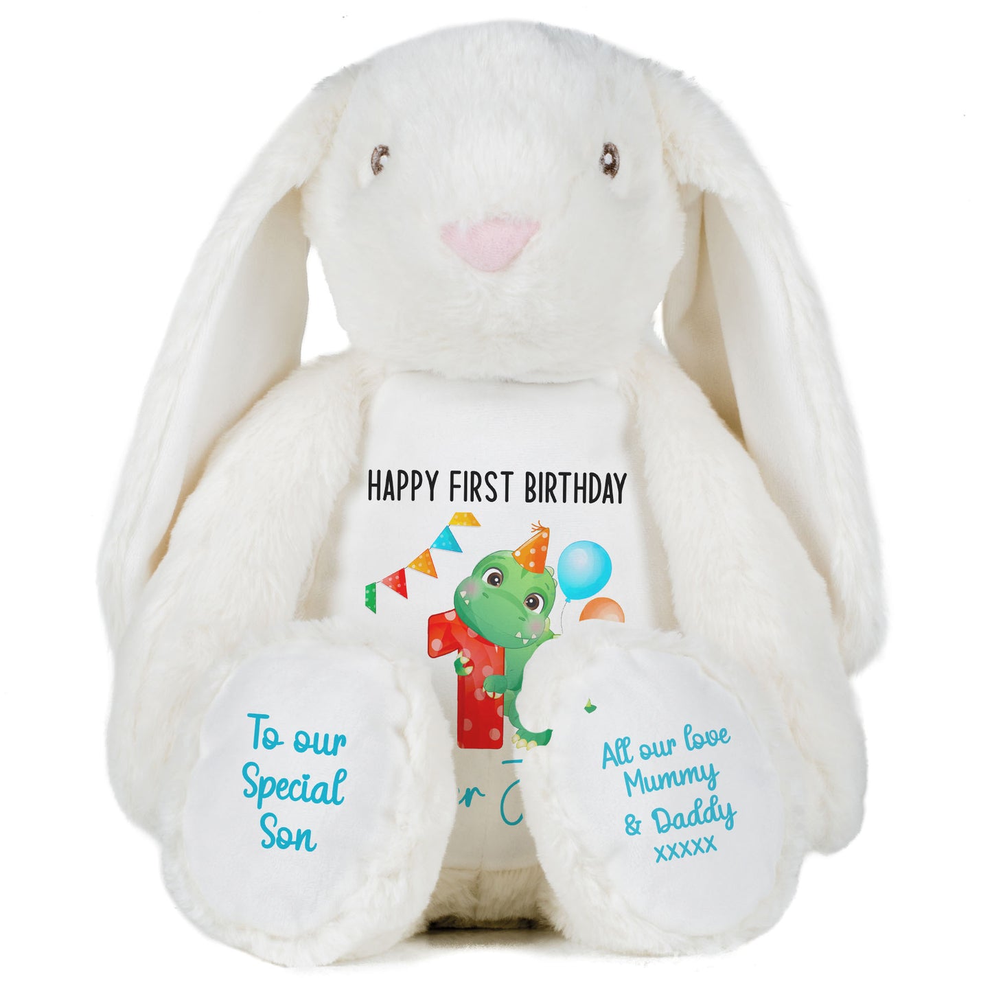 1st birthday dino party personalised teddy bears White Bunny