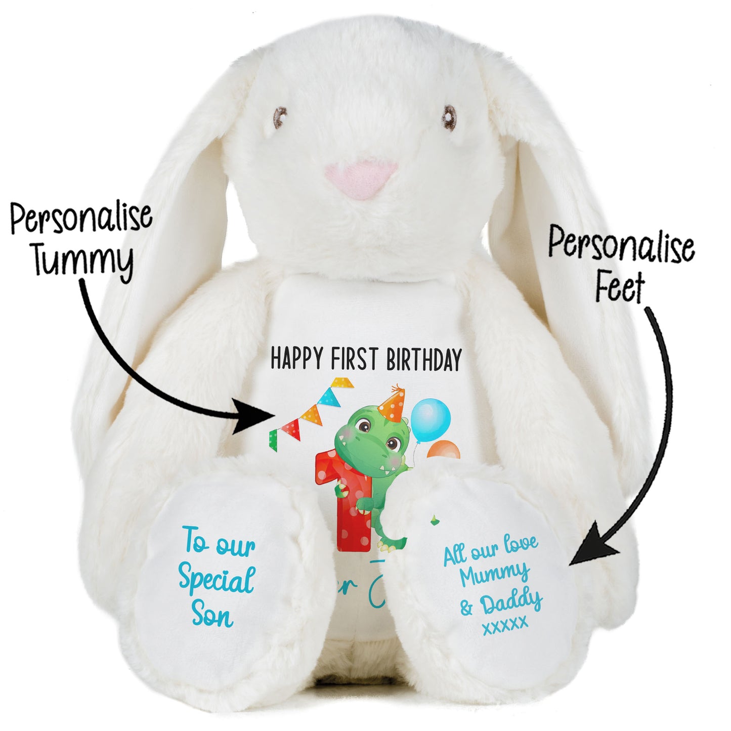 1st birthday dino party personalised teddy bears White Bunny STOCK-BUNNY-WHITE