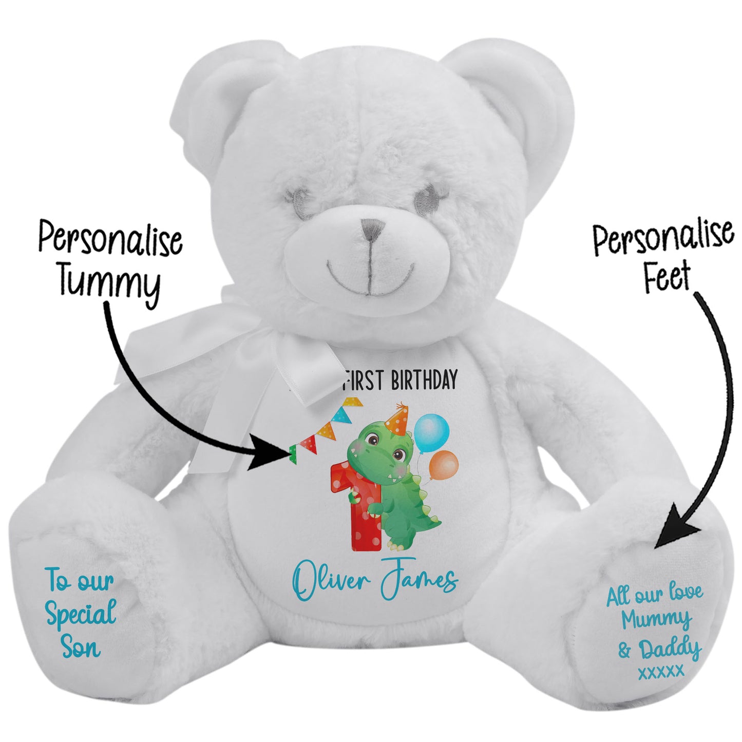 1st birthday dino party personalised teddy bears White Bear STOCK-WHITE