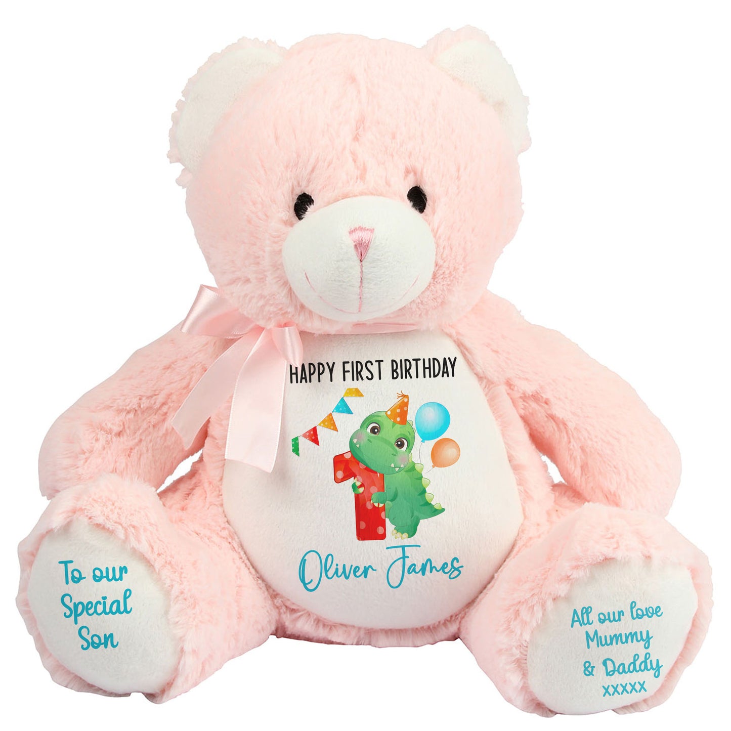1st birthday dino party personalised teddy bears Pink Bear