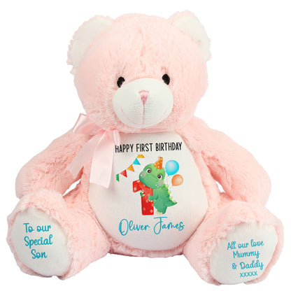 1st birthday dino party personalised teddy bears Pink Bear