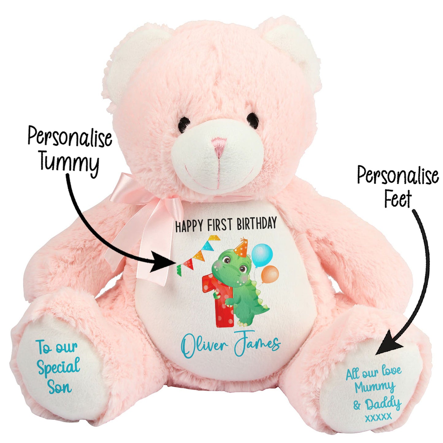 1st birthday dino party personalised teddy bears Pink Bear STOCK-PINK