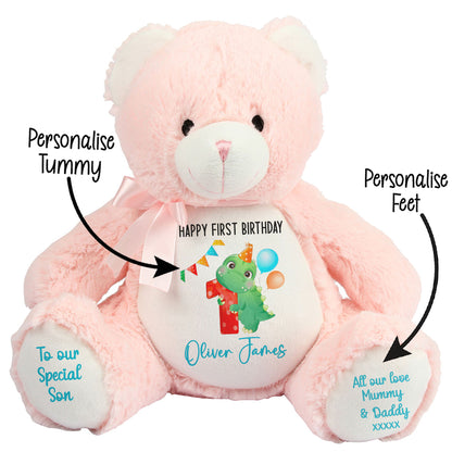 1st birthday dino party personalised teddy bears Pink Bear STOCK-PINK