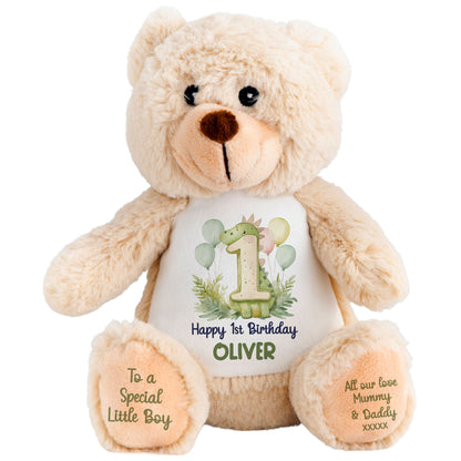 1st Birthday Green Dinosaur & Balloons Personalised Teddy Bear