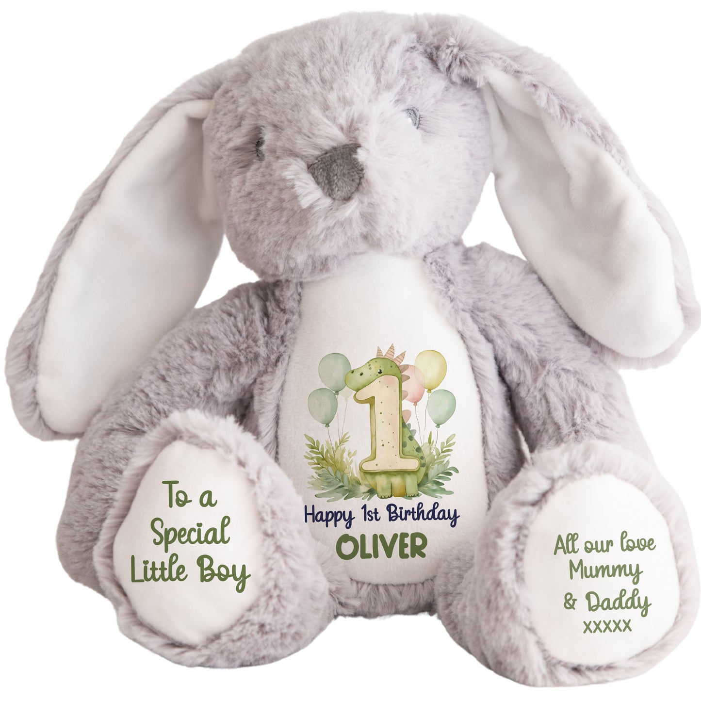 1st Birthday Green Dinosaur & Balloons Personalised Teddy Bear