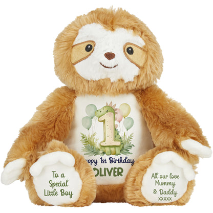 1st Birthday Green Dinosaur & Balloons Personalised Teddy Bear