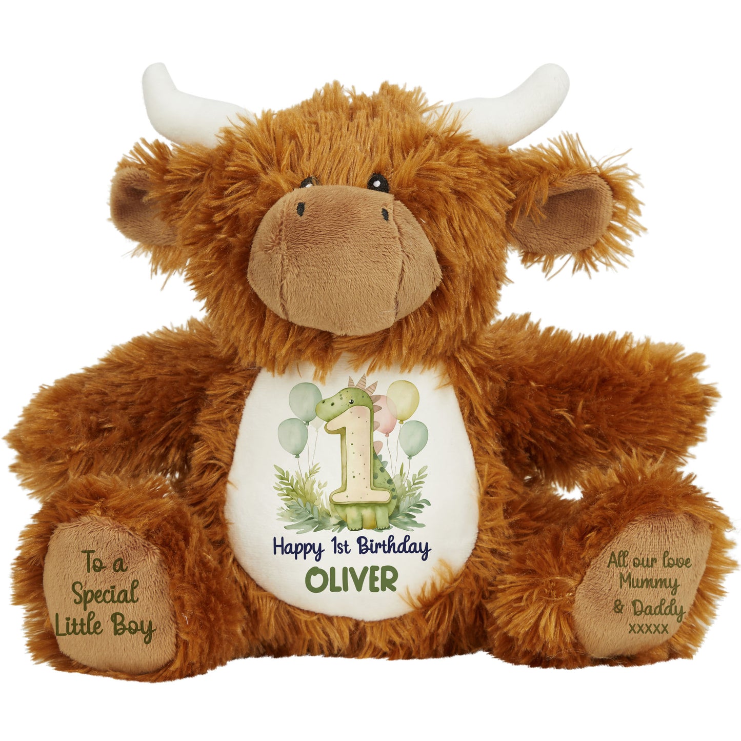 1st Birthday Green Dinosaur & Balloons Personalised Teddy Bear