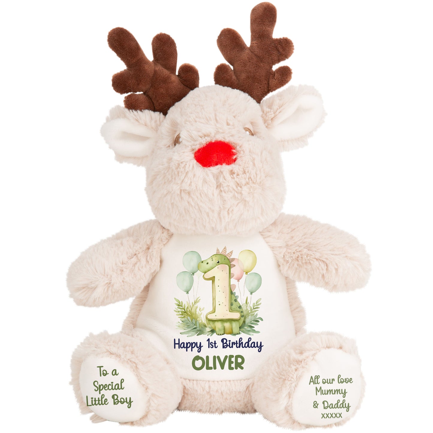 1st Birthday Green Dinosaur & Balloons Personalised Teddy Bear
