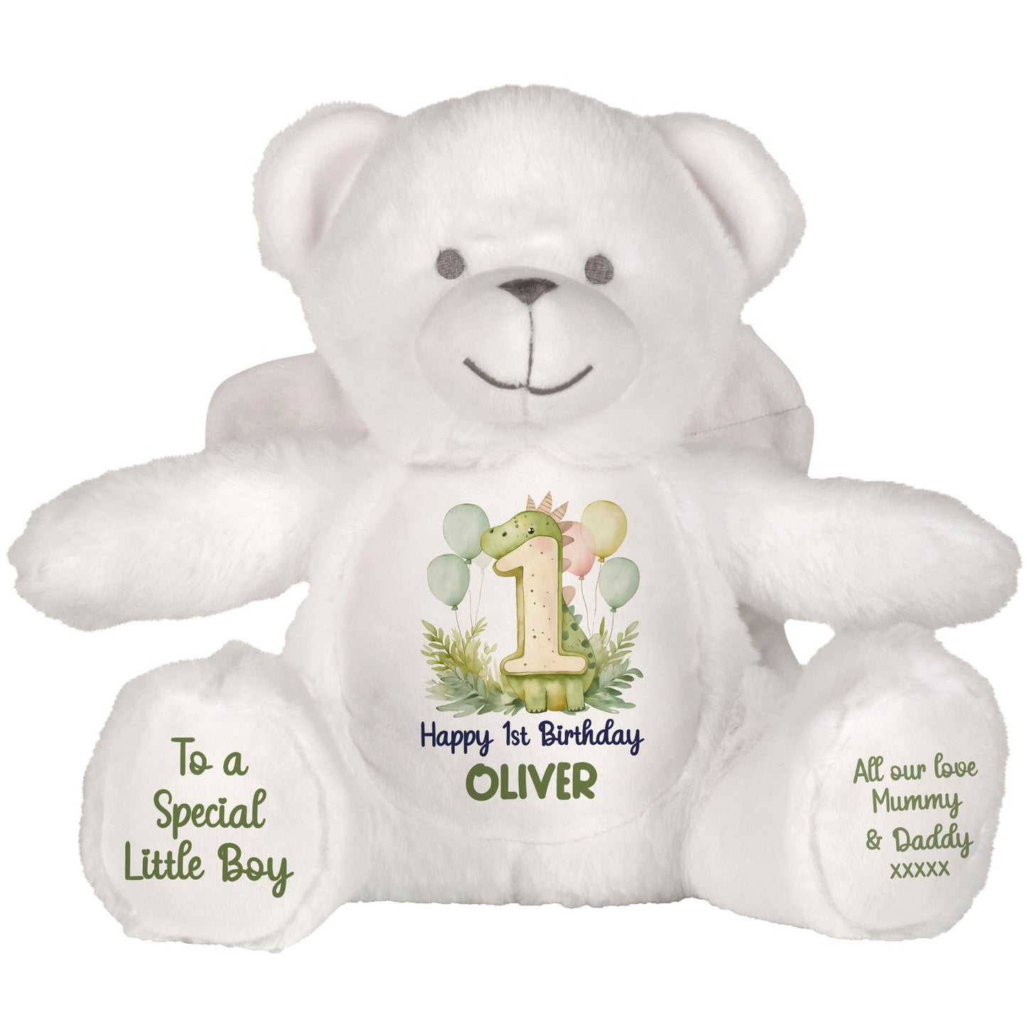 1st Birthday Green Dinosaur & Balloons Personalised Teddy Bear