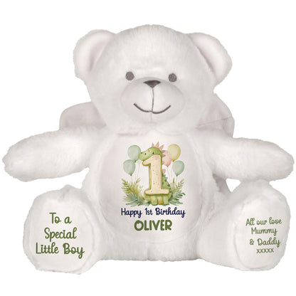 1st Birthday Green Dinosaur & Balloons Personalised Teddy Bear