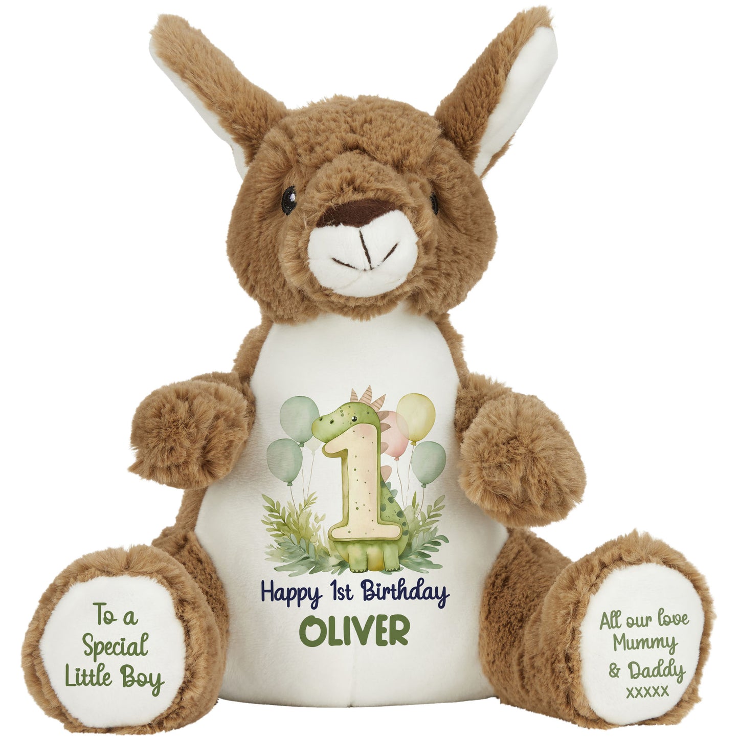 1st Birthday Green Dinosaur & Balloons Personalised Teddy Bear