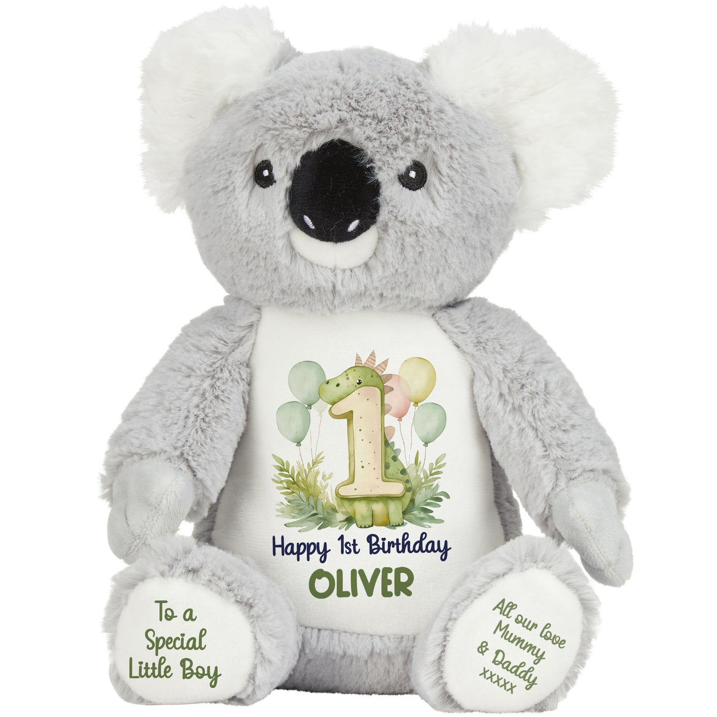 1st Birthday Green Dinosaur & Balloons Personalised Teddy Bear