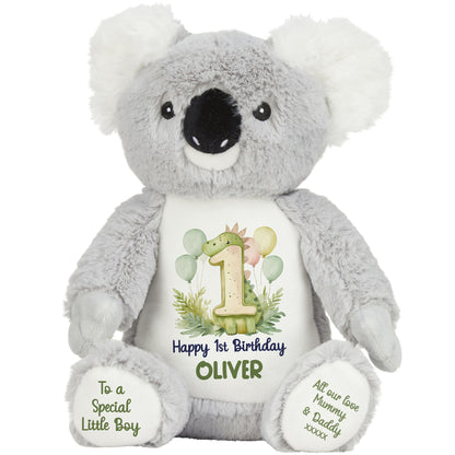 1st Birthday Green Dinosaur & Balloons Personalised Teddy Bear