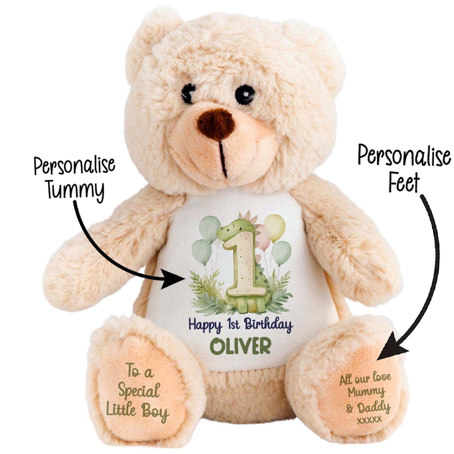1st Birthday Green Dinosaur & Balloons Personalised Teddy Bear