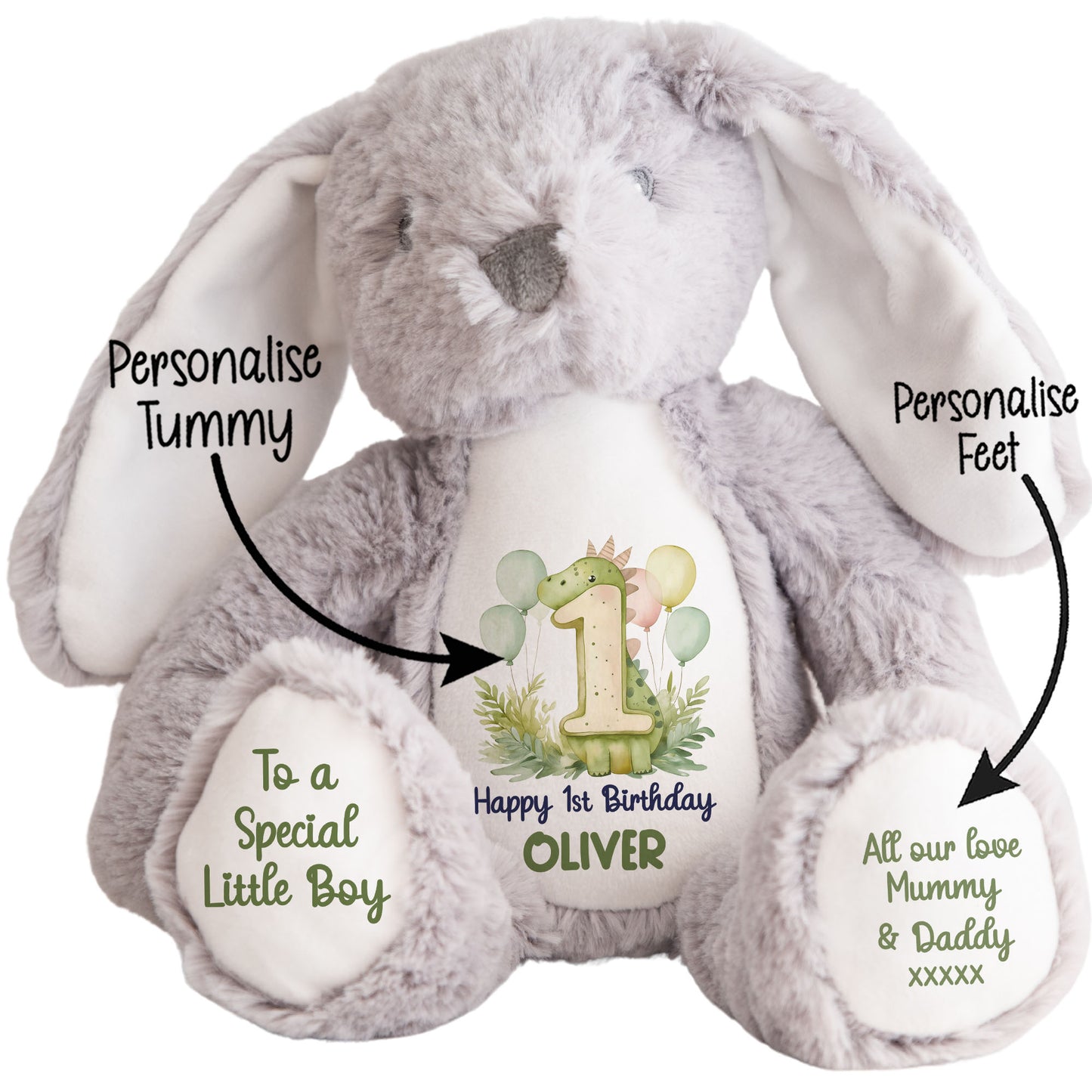 1st Birthday Green Dinosaur & Balloons Personalised Teddy Bear