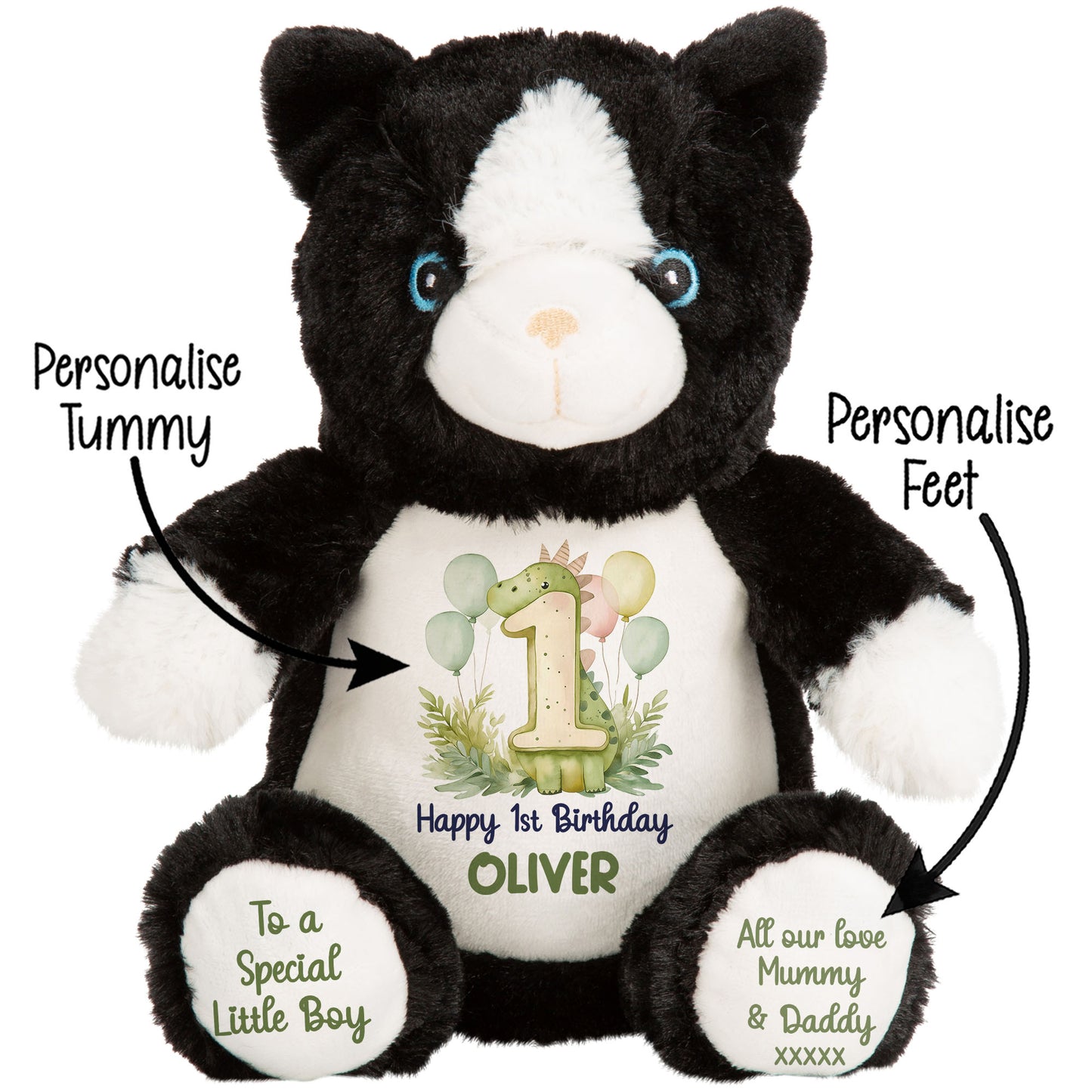 1st Birthday Green Dinosaur & Balloons Personalised Teddy Bear