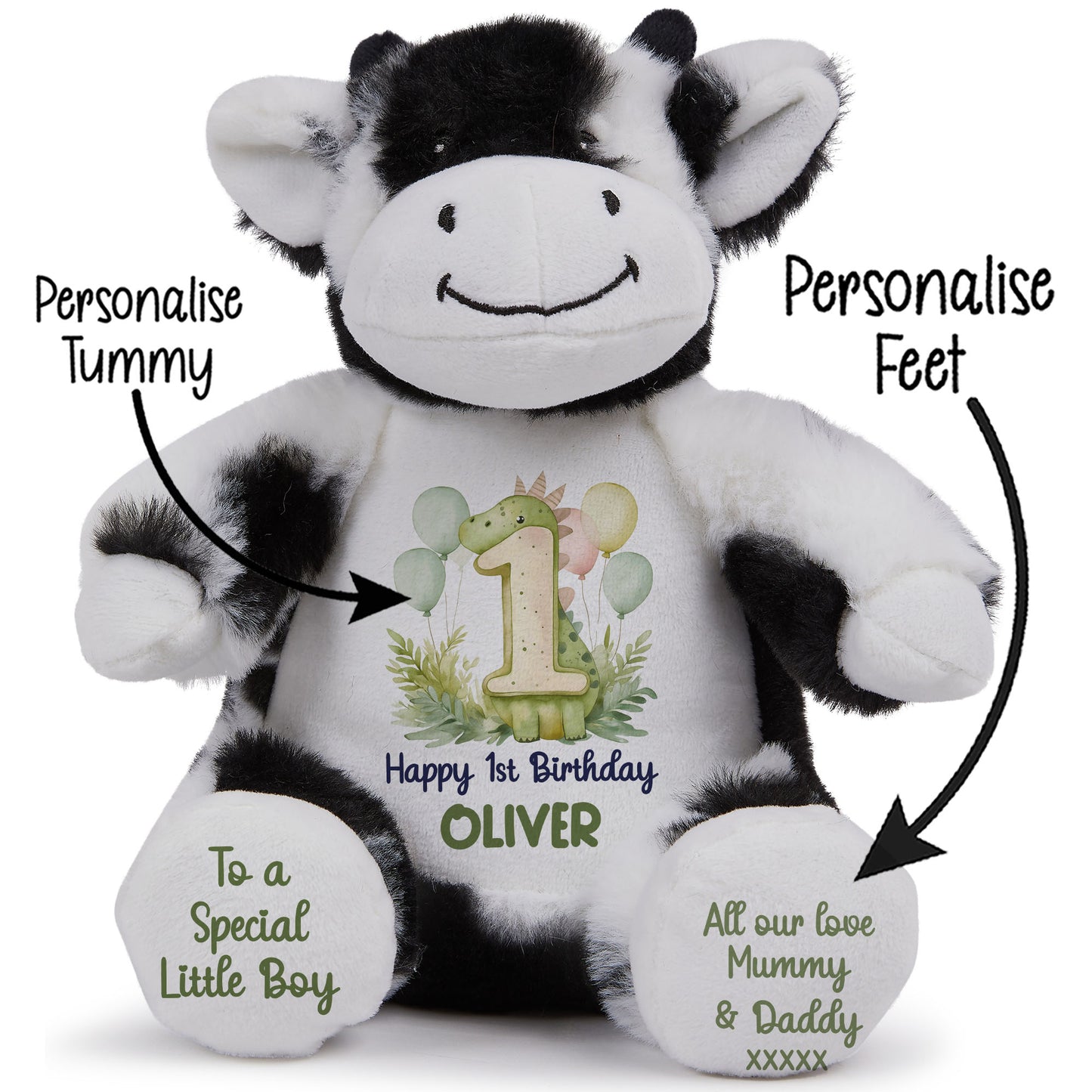 1st Birthday Green Dinosaur & Balloons Personalised Teddy Bear