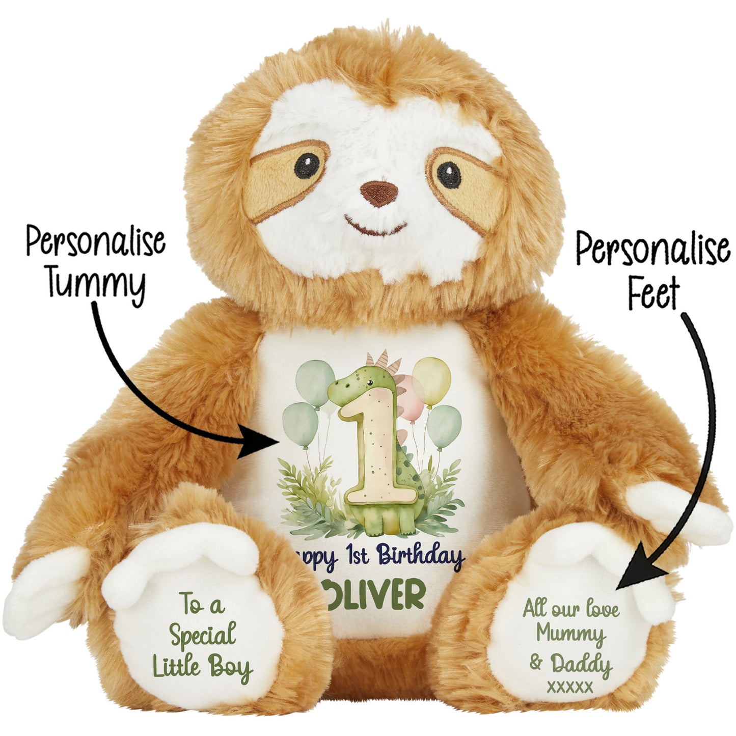 1st Birthday Green Dinosaur & Balloons Personalised Teddy Bear